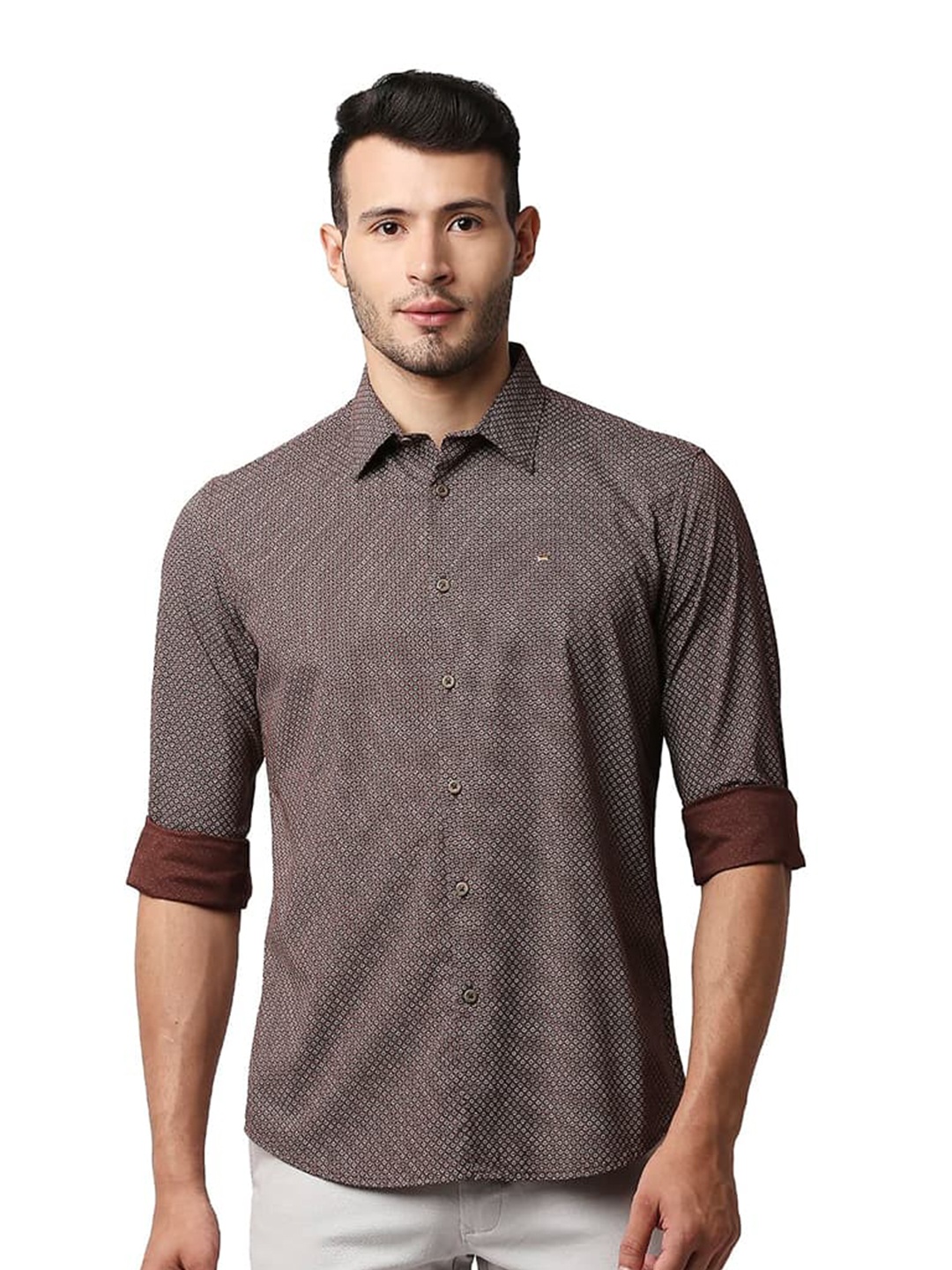 

Basics Slim Fit Micro Ditsy Spread Collar Full Sleeves Cotton Shirt, Brown