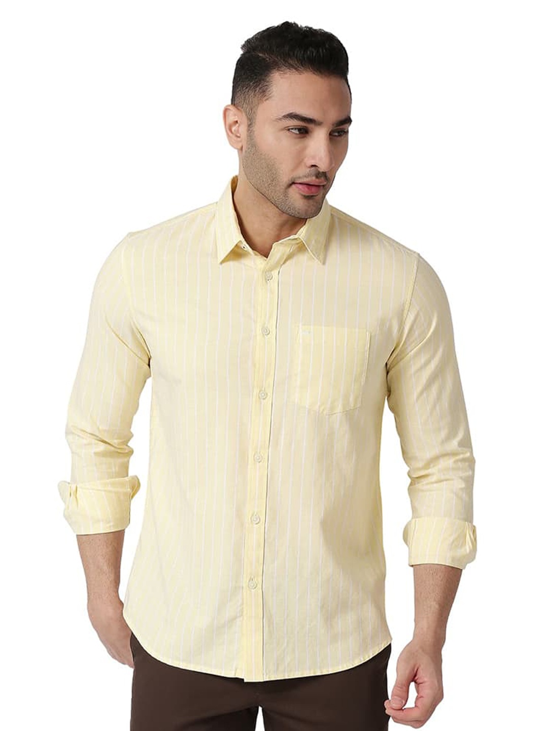 

Basics Slim Fit Vertical Striped Cotton Casual Shirt, Yellow