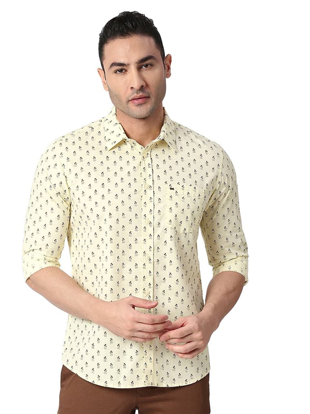 

Basics Slim Fit Conversational Printed Cotton Casual Shirt, Yellow