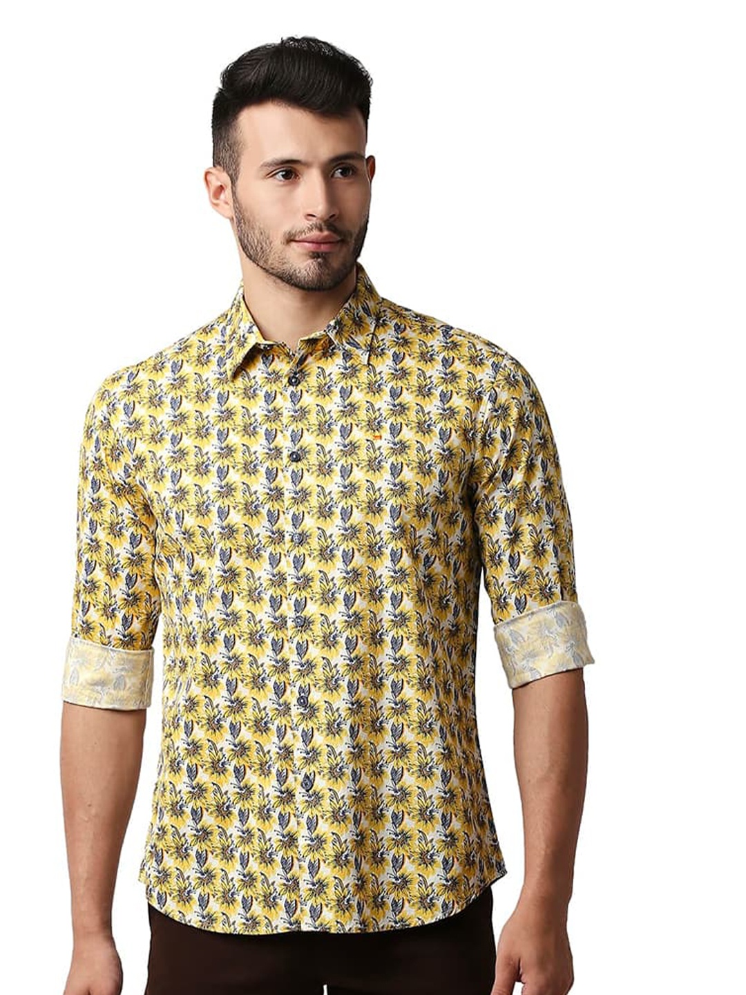 

Basics Slim Fit Floral Printed Cotton Casual Shirt, Yellow