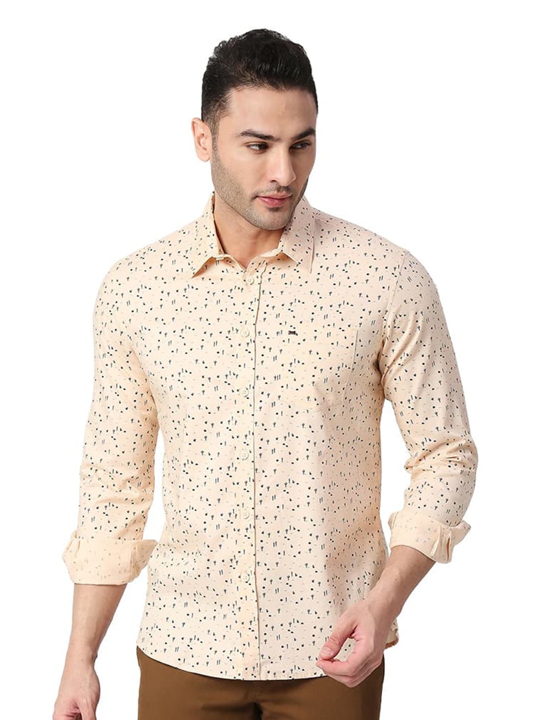 

Basics Slim Fit Floral Printed Spread Collar Cotton Casual Shirt, Orange