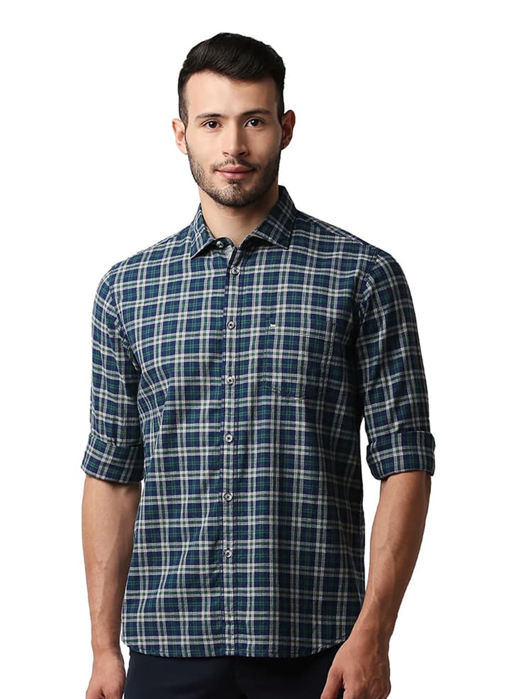 

Basics Slim Fit Tartan Checks Spread Collar Full Sleeves Cotton Shirt, Green