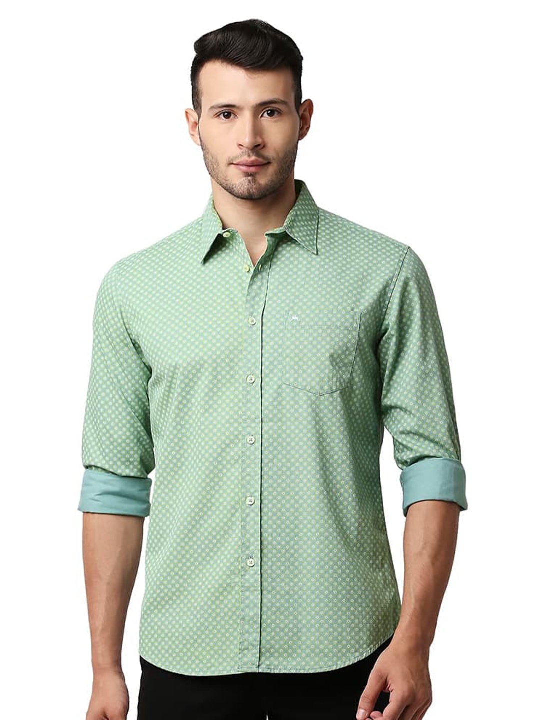 

Basics Micro Ditsy Printed Spread Collar Curved Cotton Slim Fit Casual Shirt, Green