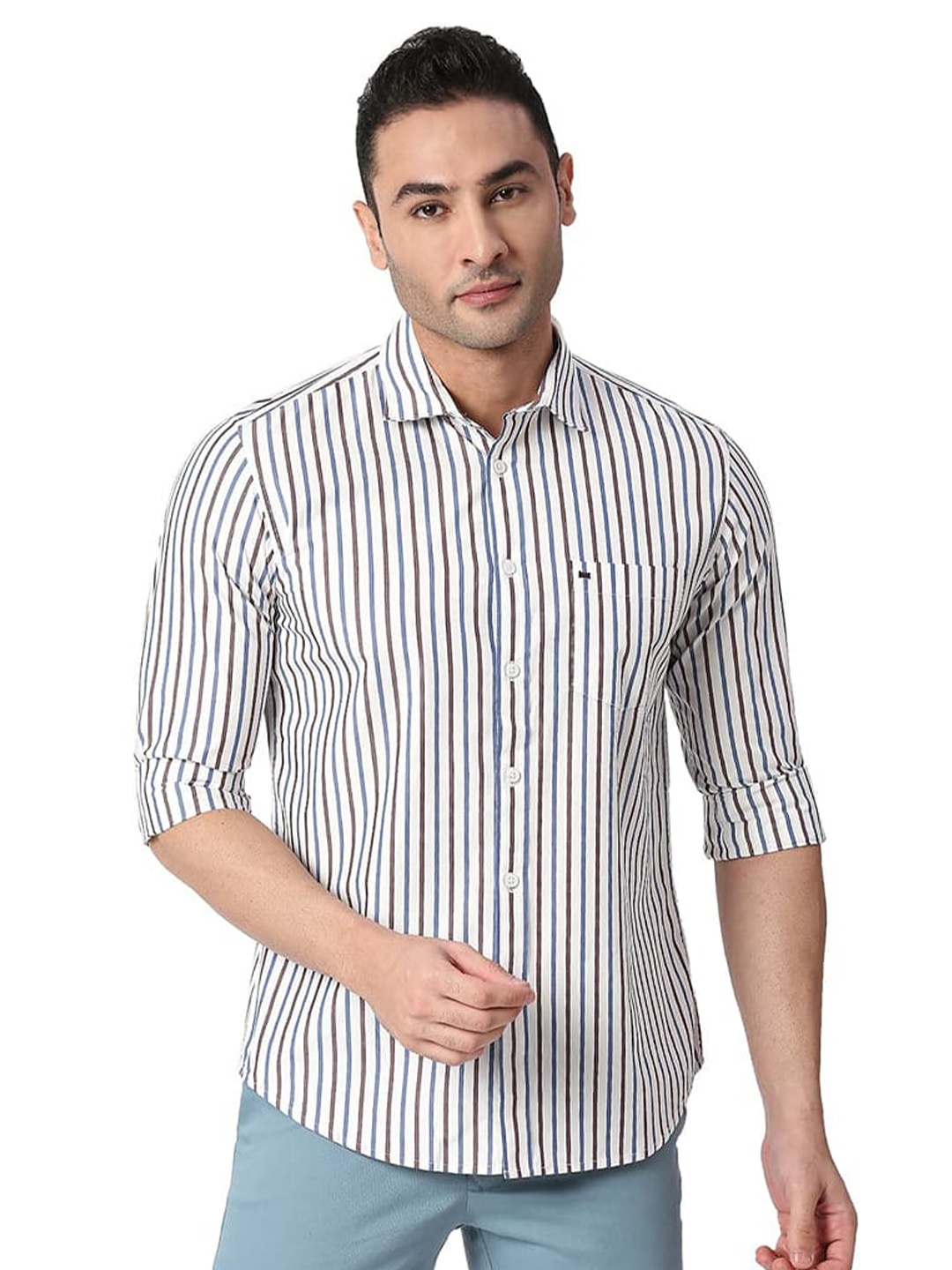 

Basics Slim Fit Striped Spread Collar Long Sleeves Cotton Casual Shirt, Maroon