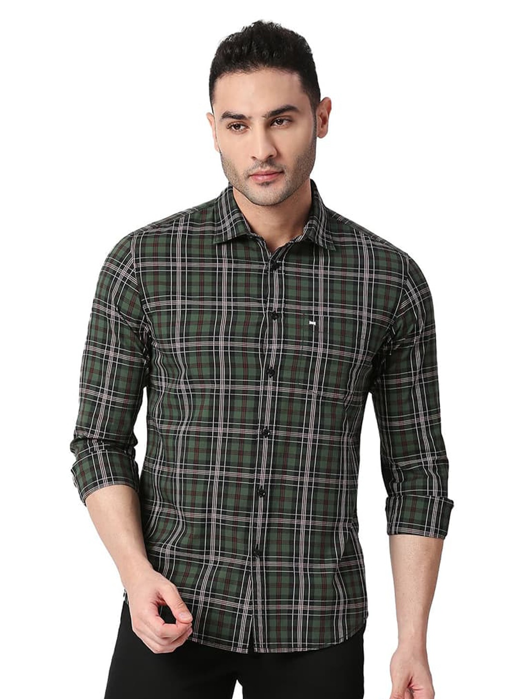 

Basics Slim Fit Tartan Checks Spread Collar Full Sleeves Cotton Shirt, Green