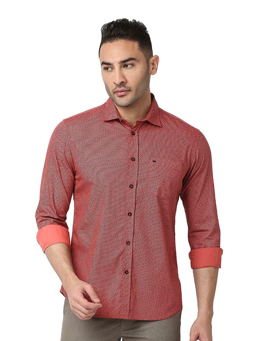 

Basics Slim Fit Abstract Printed Cotton Casual Shirt, Red