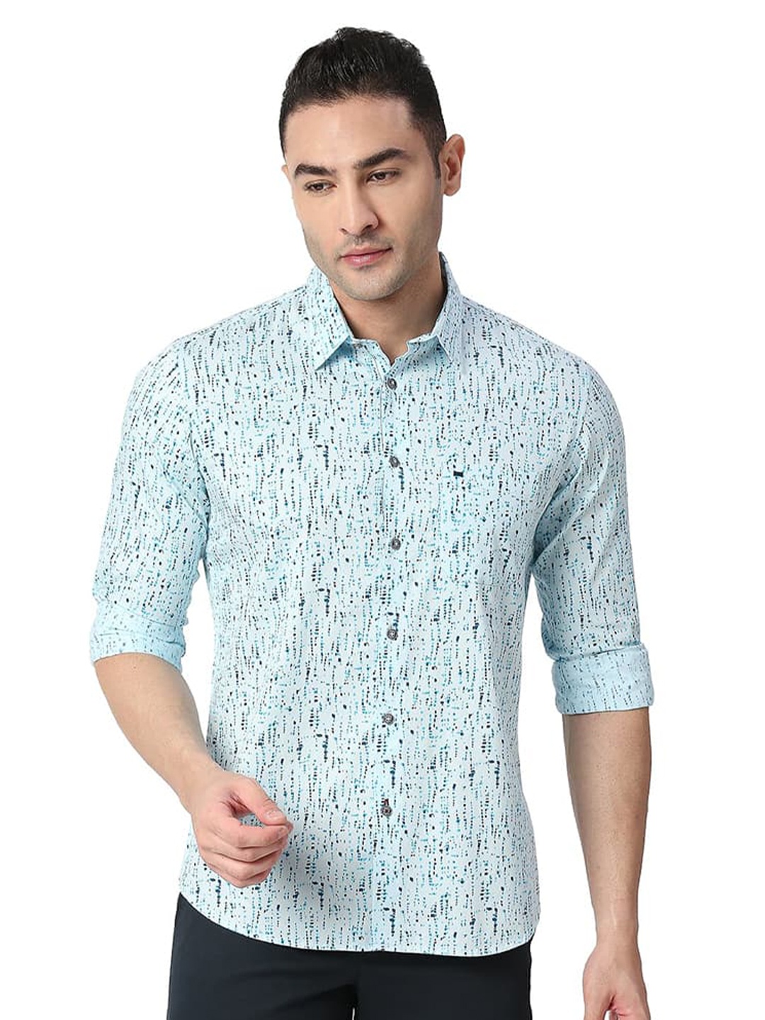 

Basics Men Slim Fit Abstract Printed Cotton Casual Shirt, Blue
