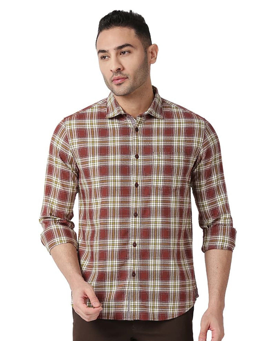

Basics Slim Fit Tartan Checked Cotton Casual Shirt, Red