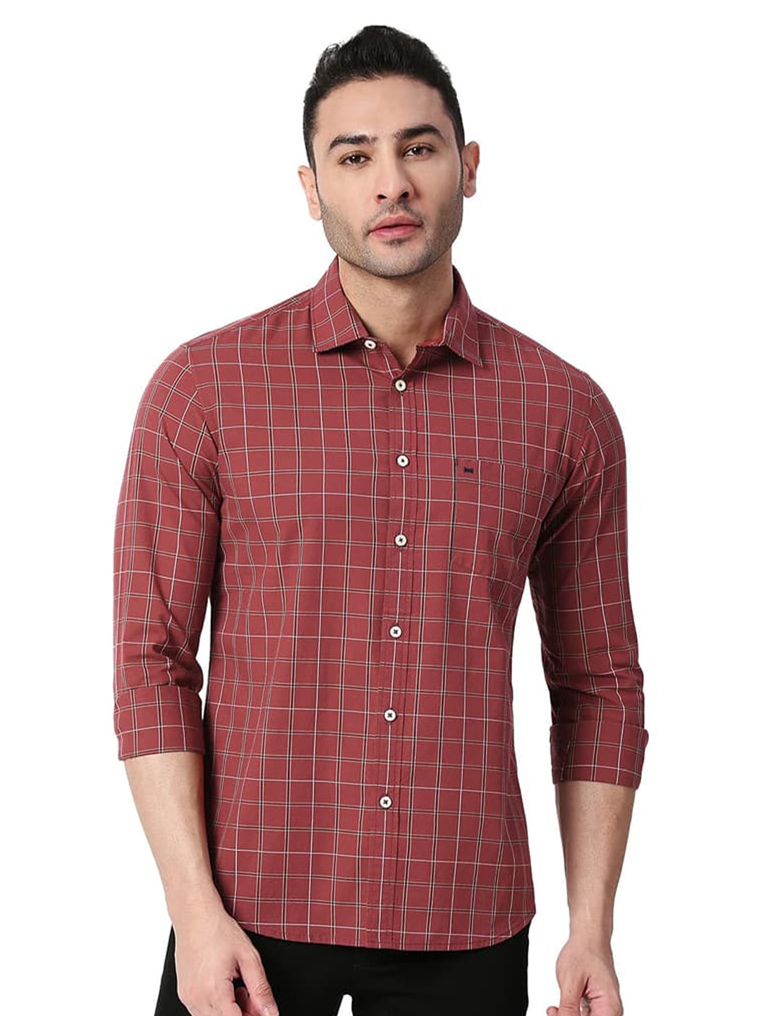 

Basics Checked Spread Collar Curved Cotton Slim Fit Casual Shirt, Red