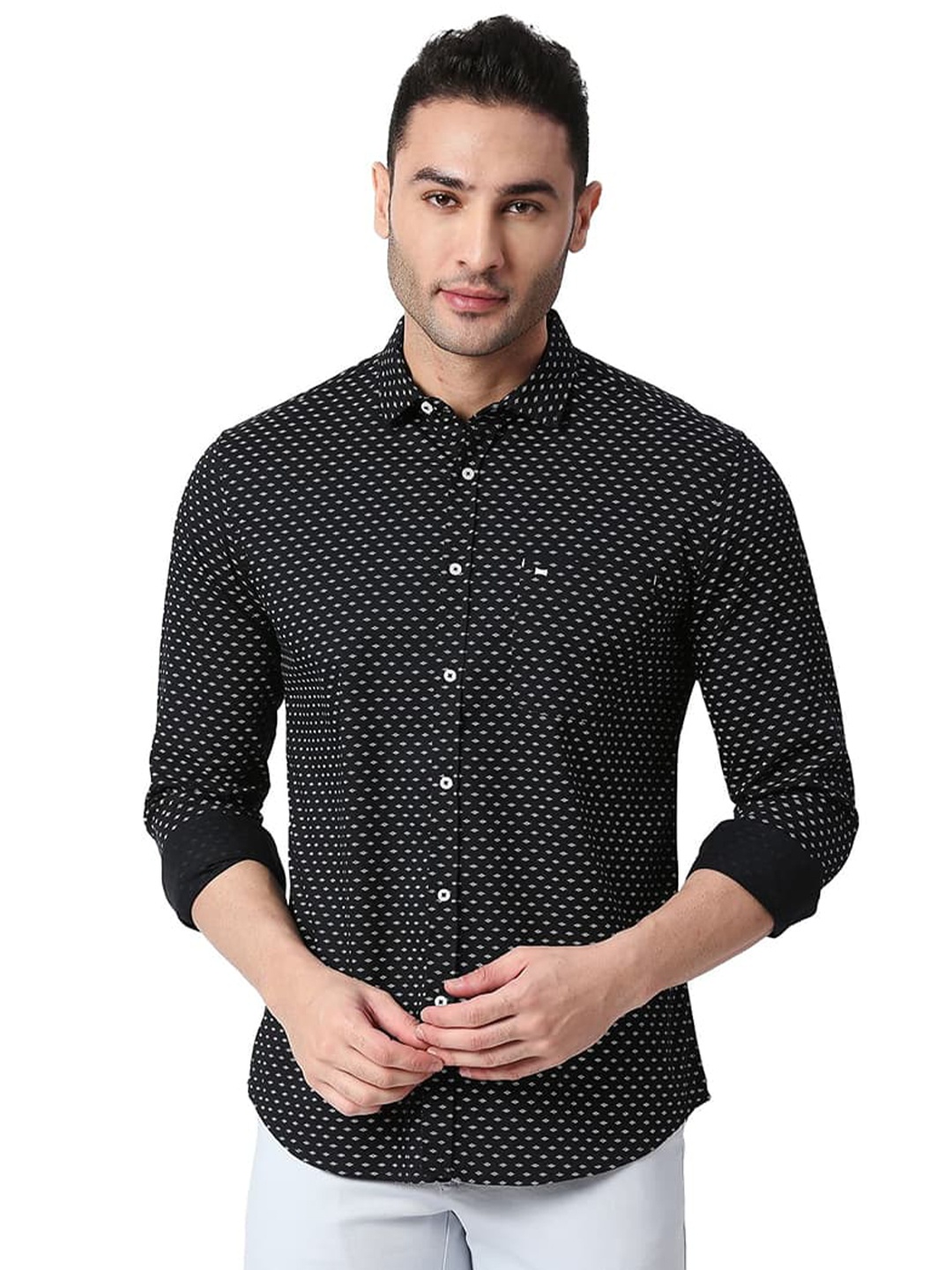 

Basics Slim Fit Micro Ditsy Printed Cotton Twill Casual Shirt, Black