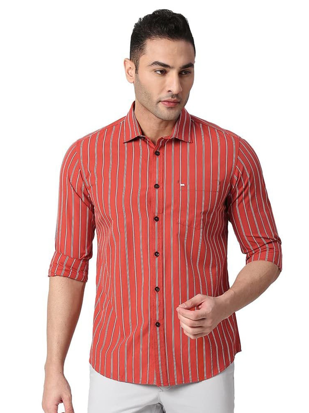 

Basics Slim Fit Striped Cotton Casual Shirt, Red