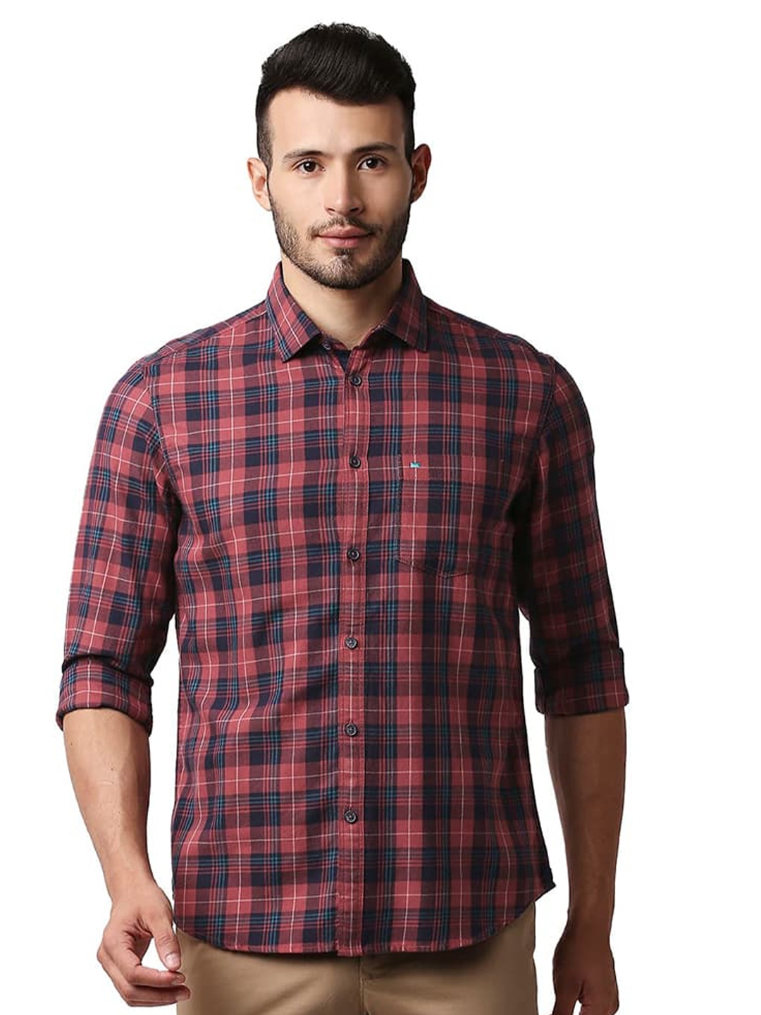 

Basics Slim Fit Checked Cotton Casual Shirt, Red