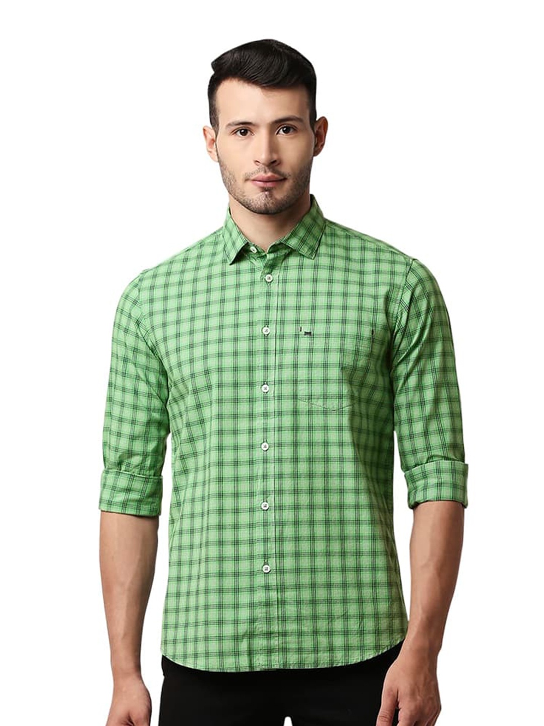 

Basics Spread Collar Slim Fit Gingham Checks Opaque Cotton Casual Shirt, Green