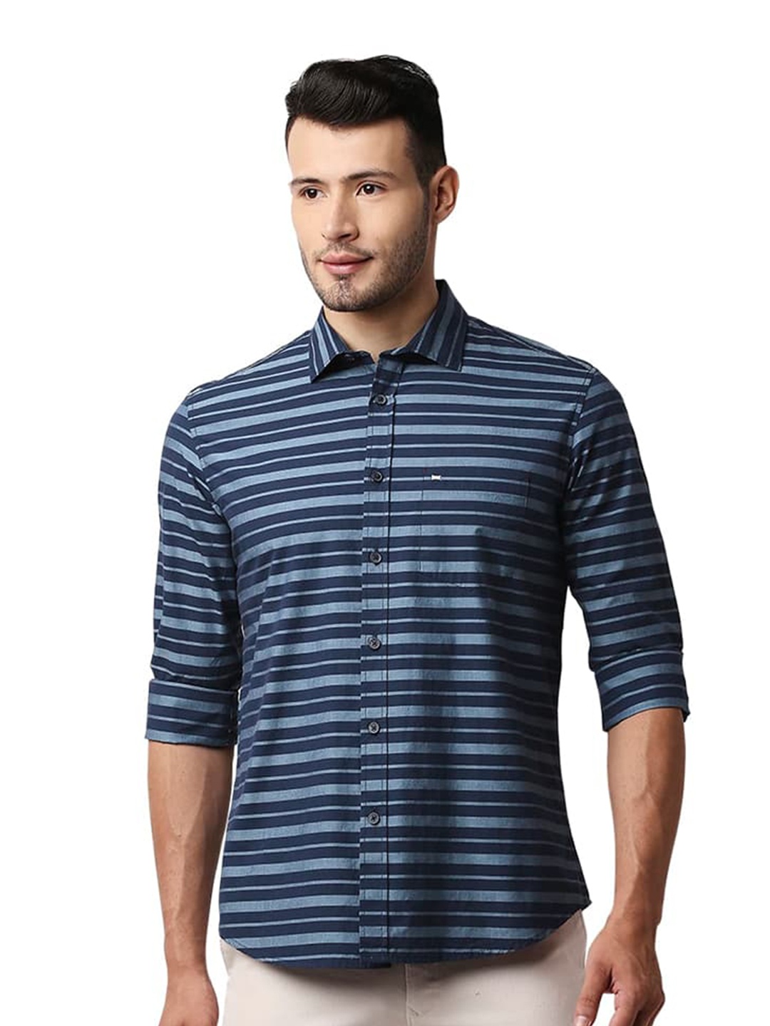 

Basics Slim Fit Horizontal Stripes Spread Collar Cotton Casual Shirt, Blue