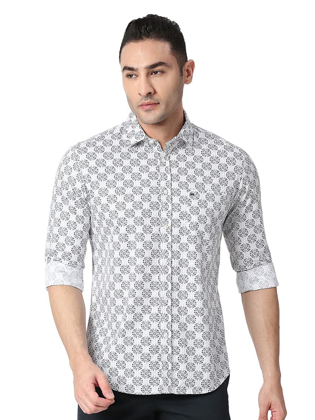 

Basics Geometric Printed Spread Collar Curved Cotton Slim Fit Casual Shirt, Grey