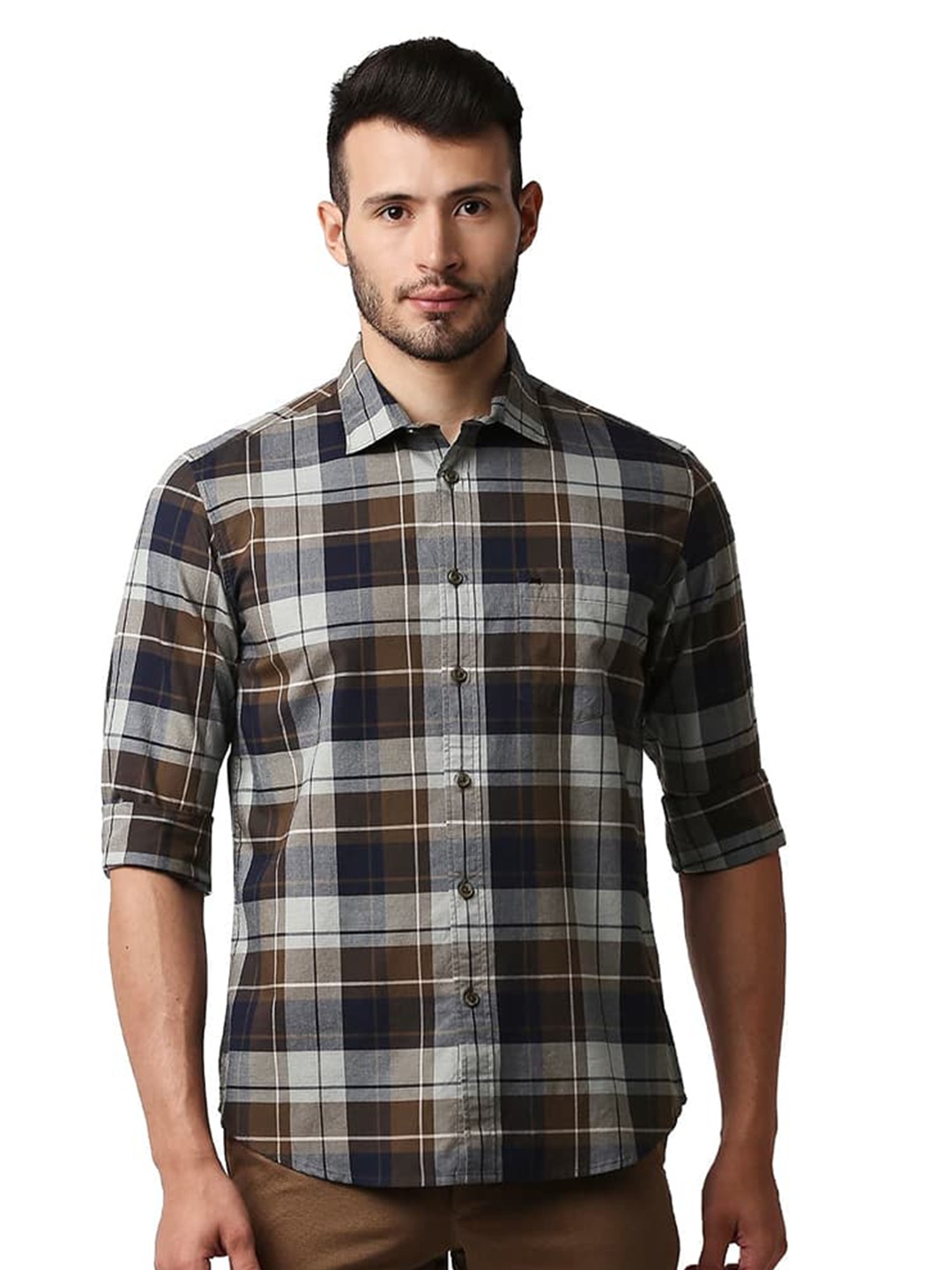 

Basics Checked Spread Collar Curved Cotton Slim Fit Casual Shirt, Brown