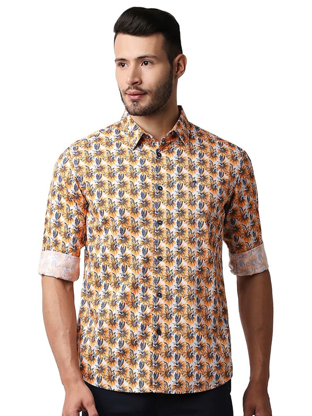 

Basics Slim Fit Floral Printed Cotton Casual Shirt, Orange