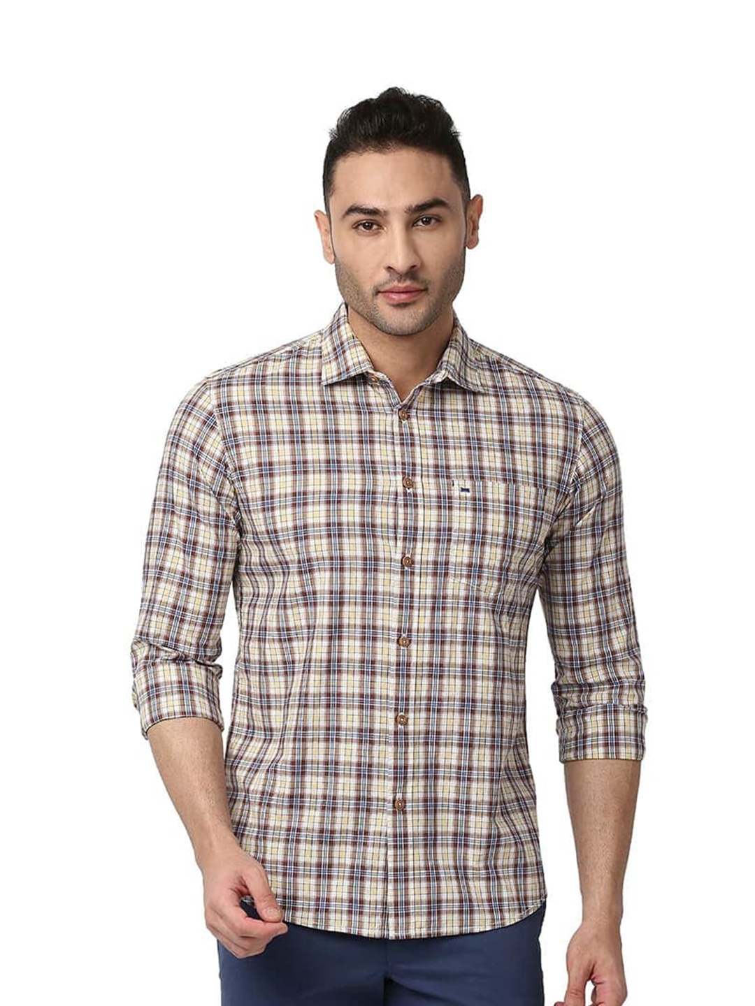 

Basics Slim Fit Tartan Checked Cotton Casual Shirt, Brown