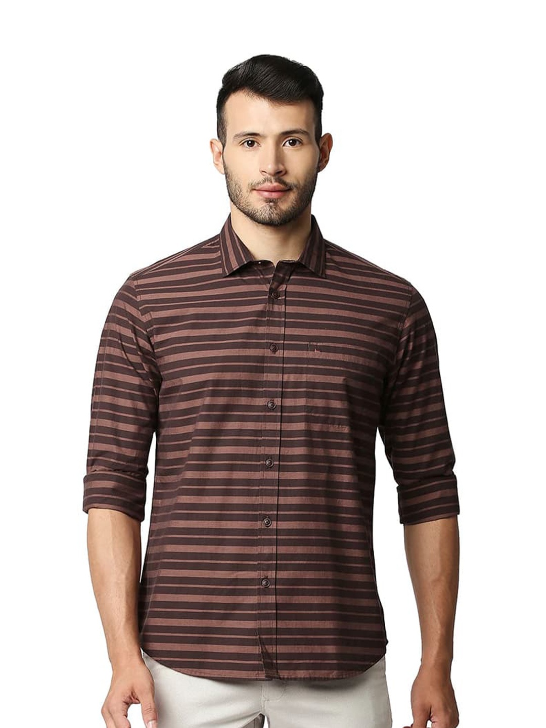 

Basics Slim Fit Horizontal Striped Cotton Casual Shirt, Brown