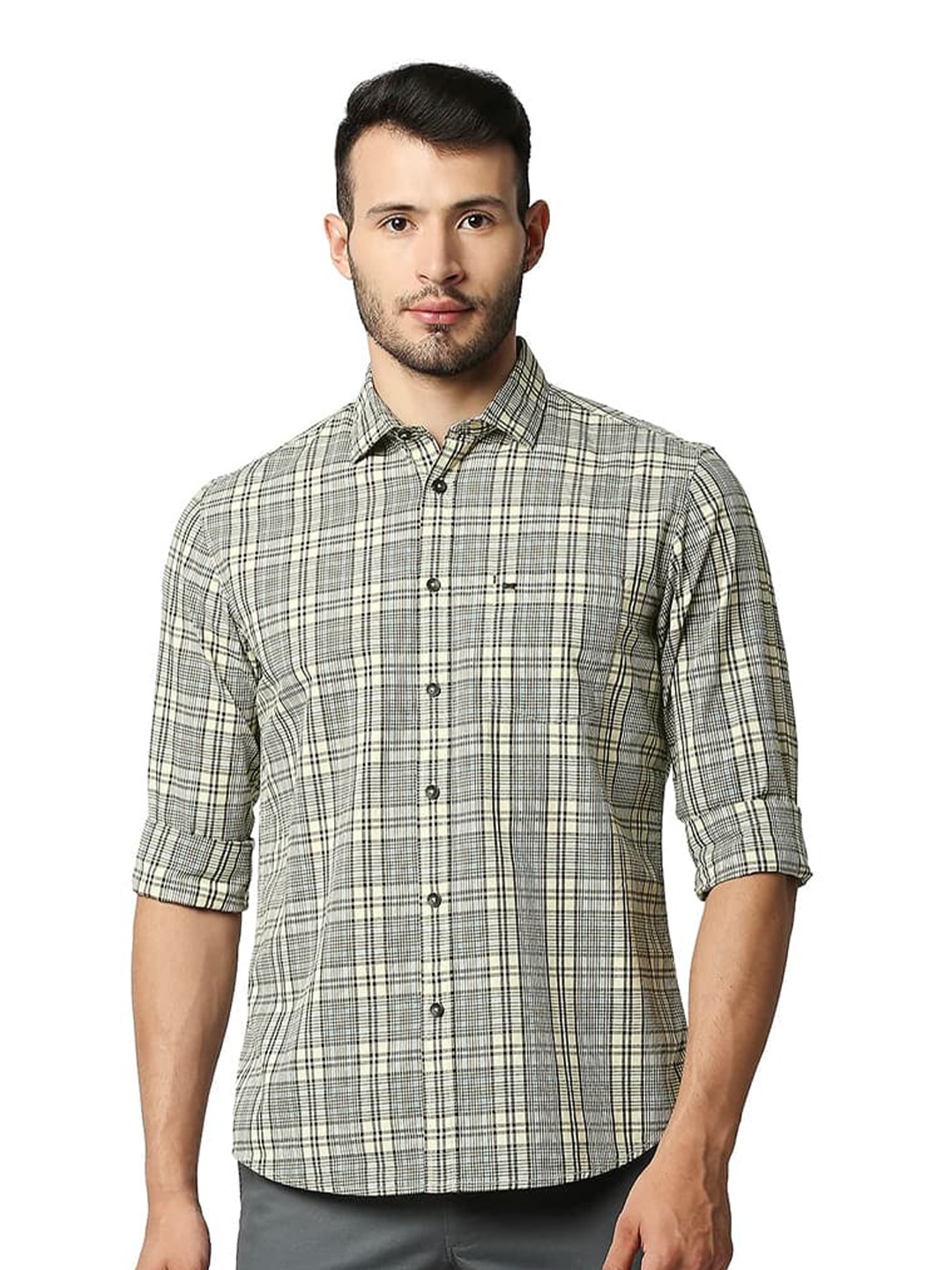 

Basics Slim Fit Checked Cotton Casual Shirt, Beige