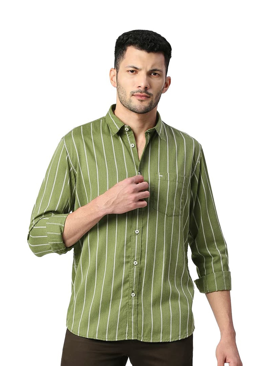 

Basics Slim Fit Striped Cotton Casual Shirt, Green