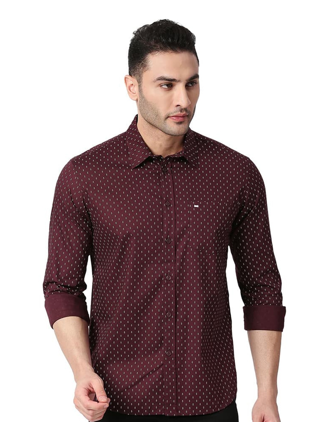 

Basics Slim Fit Micro Ditsy Printed Oxford Casual Shirt, Maroon