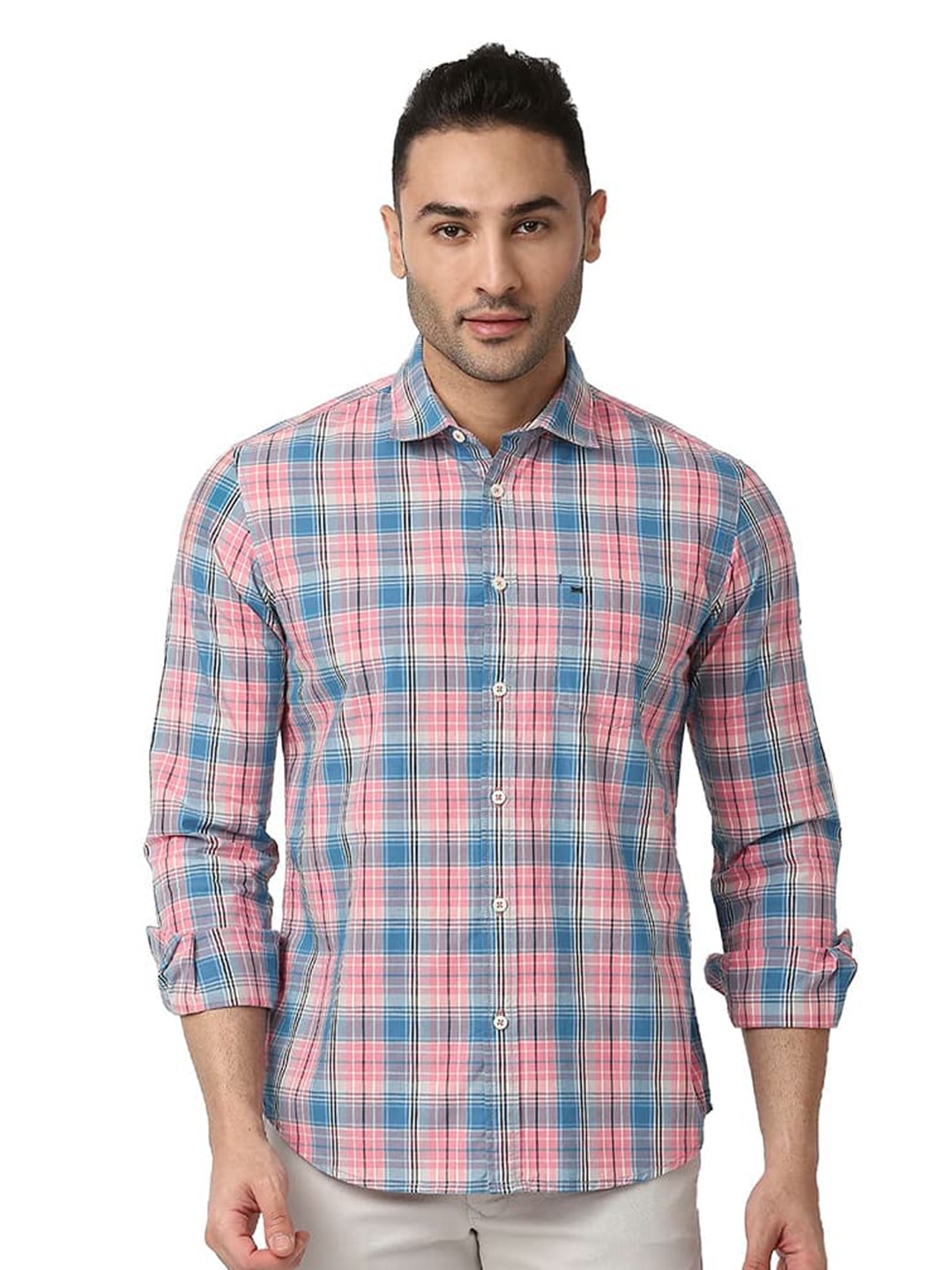 

Basics Slim Fit Tartan Checked Spread Collar Long Sleeves Cotton Casual Shirt, Pink