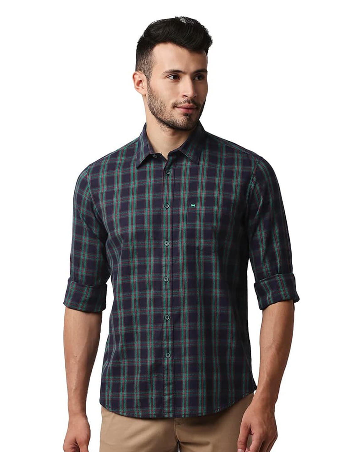 

Basics Slim Fit Checked Cotton Casual Shirt, Green