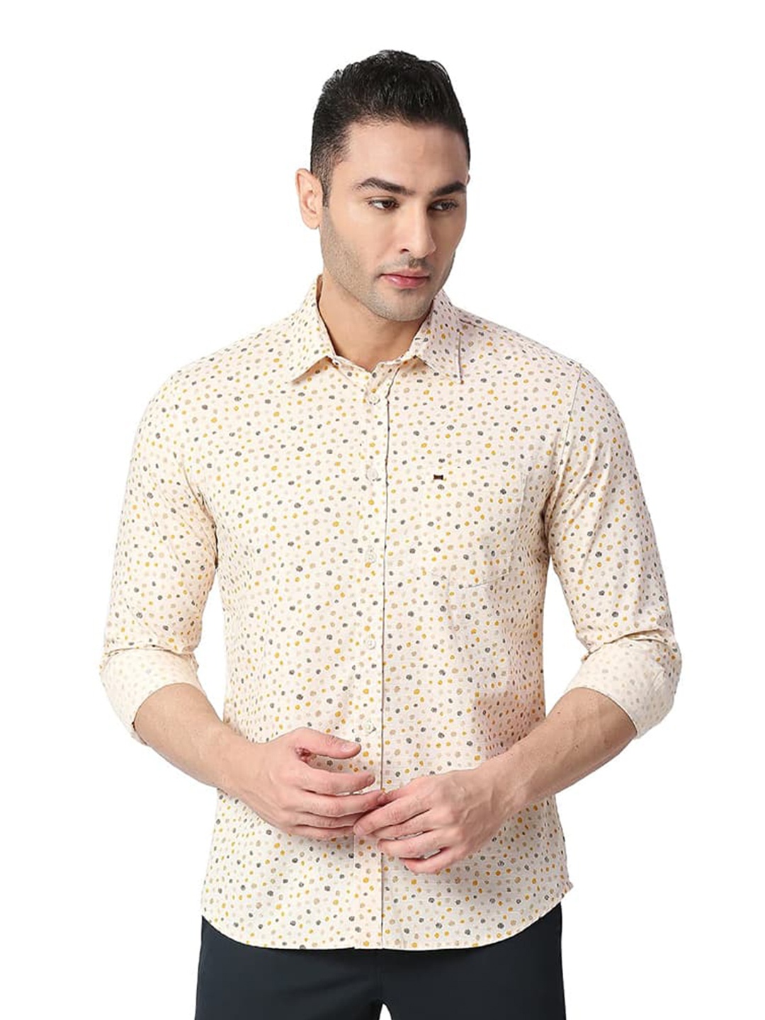 

Basics Micro Ditsy Printed Spread Collar Curved Cotton Slim Fit Casual Shirt, Beige