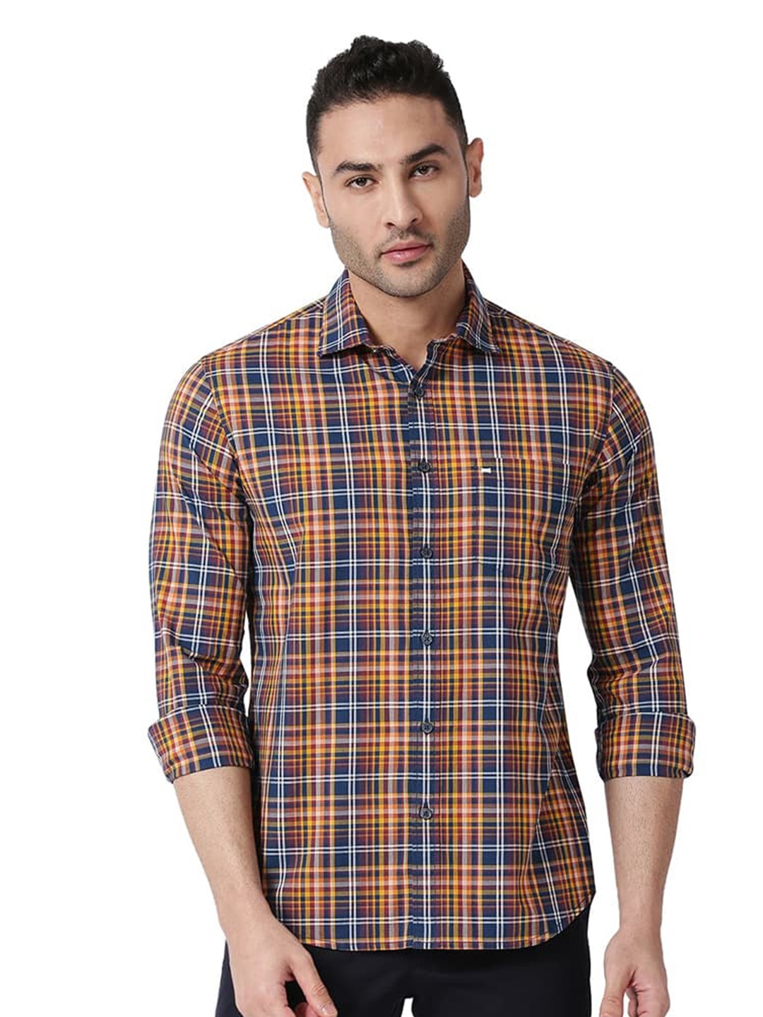 

Basics Spread Collar Slim Fit Tartan Checks Cotton Casual Shirt, Orange