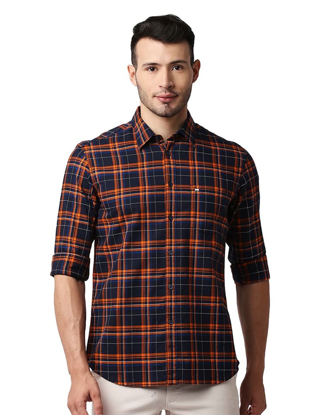 

Basics Men Slim Fit Tartan Checked Dobby Cotton Casual Shirt, Orange