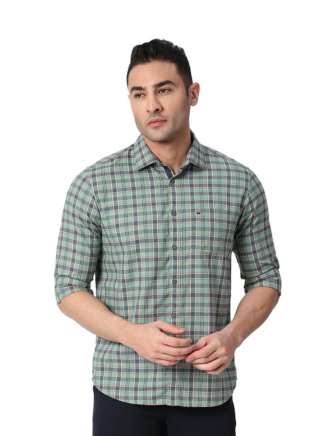 

Basics Slim Fit Checked Oxford Cotton Casual Shirt, Green