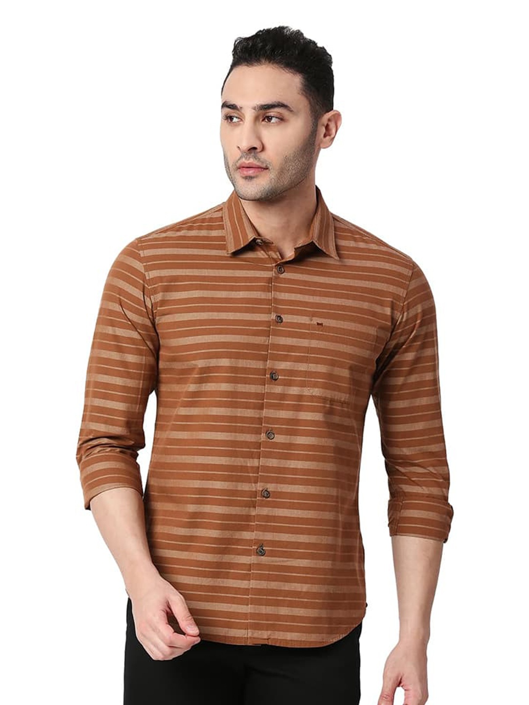 

Basics Striped Spread Collar Curved Cotton Slim Fit Casual Shirt, Brown