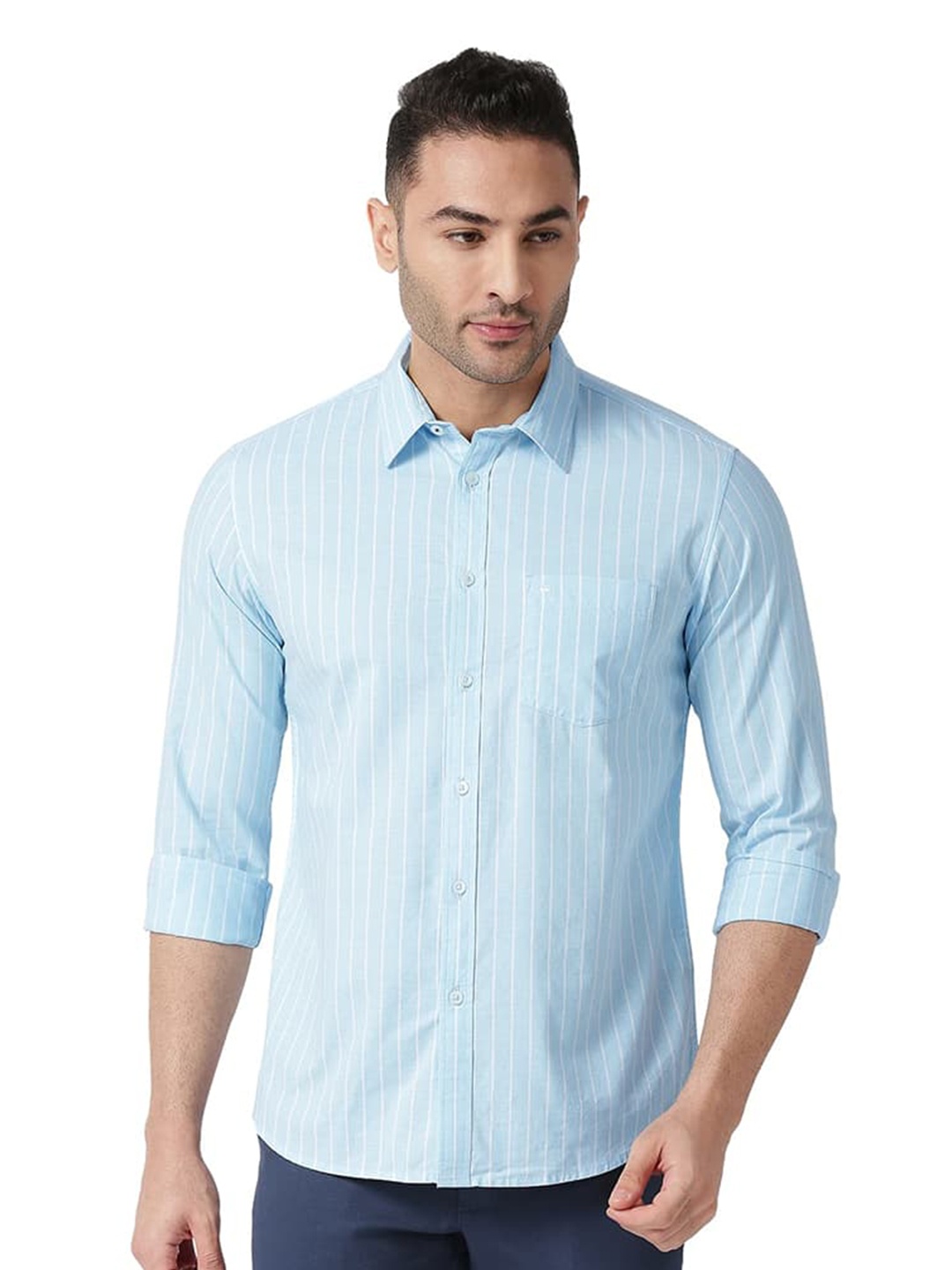 

Basics Slim Fit Striped Spread Collar Long Sleeves Cotton Casual Shirt, Blue