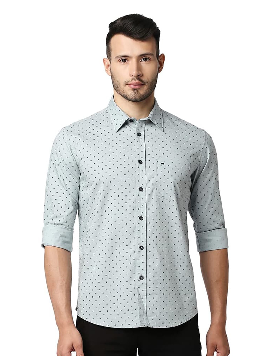 

Basics Slim Fit Geometric Printed Spread Collar Long Sleeves Cotton Casual Shirt, Grey