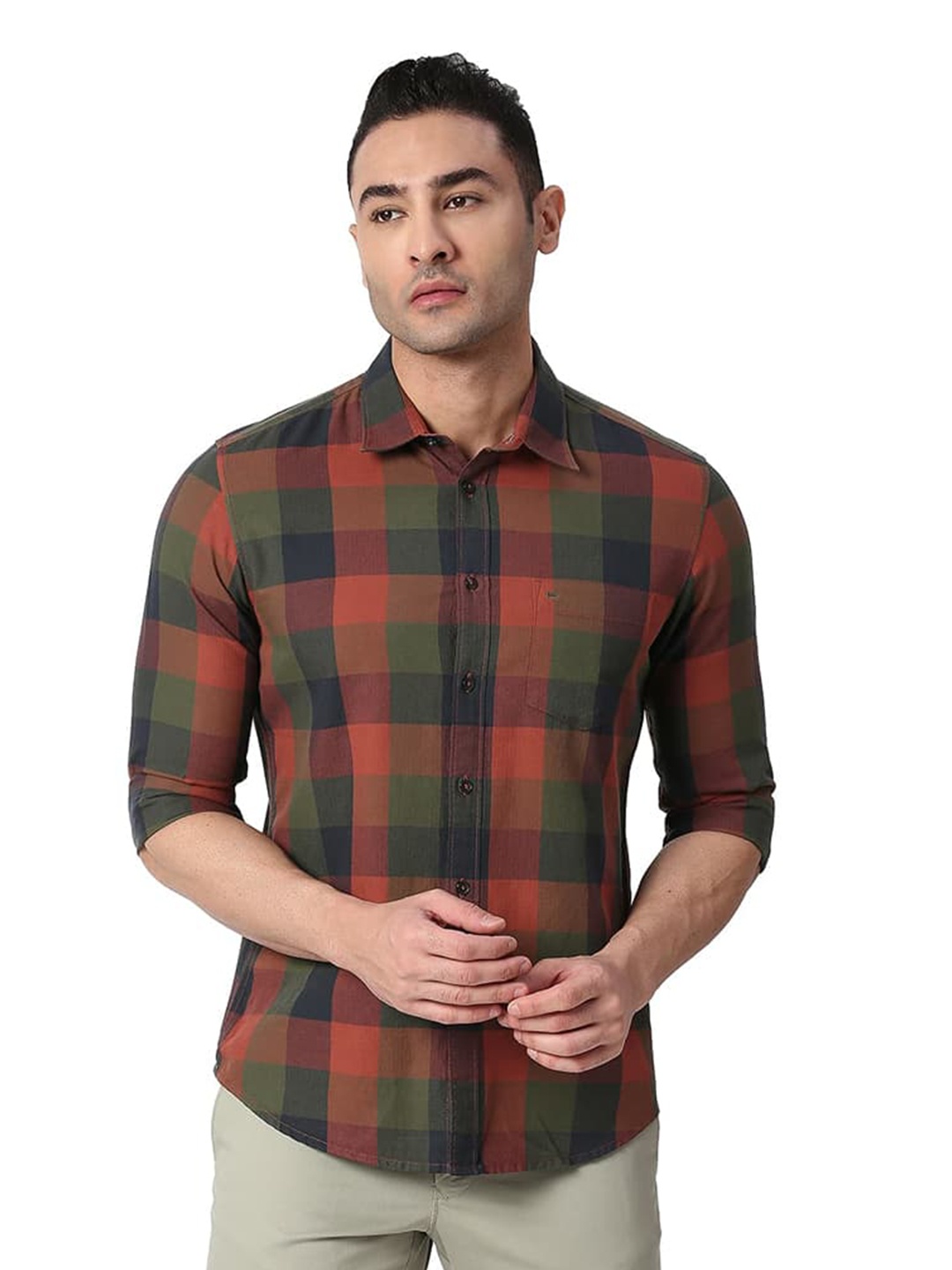 

Basics Slim Fit Checked Spread Collar Cotton Casual Shirt, Maroon