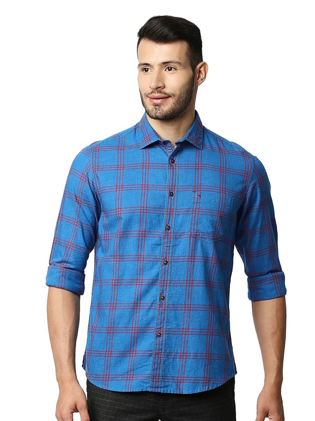 

Basics Slim Fit Checked Spread Collar Cotton Casual Shirt, Blue