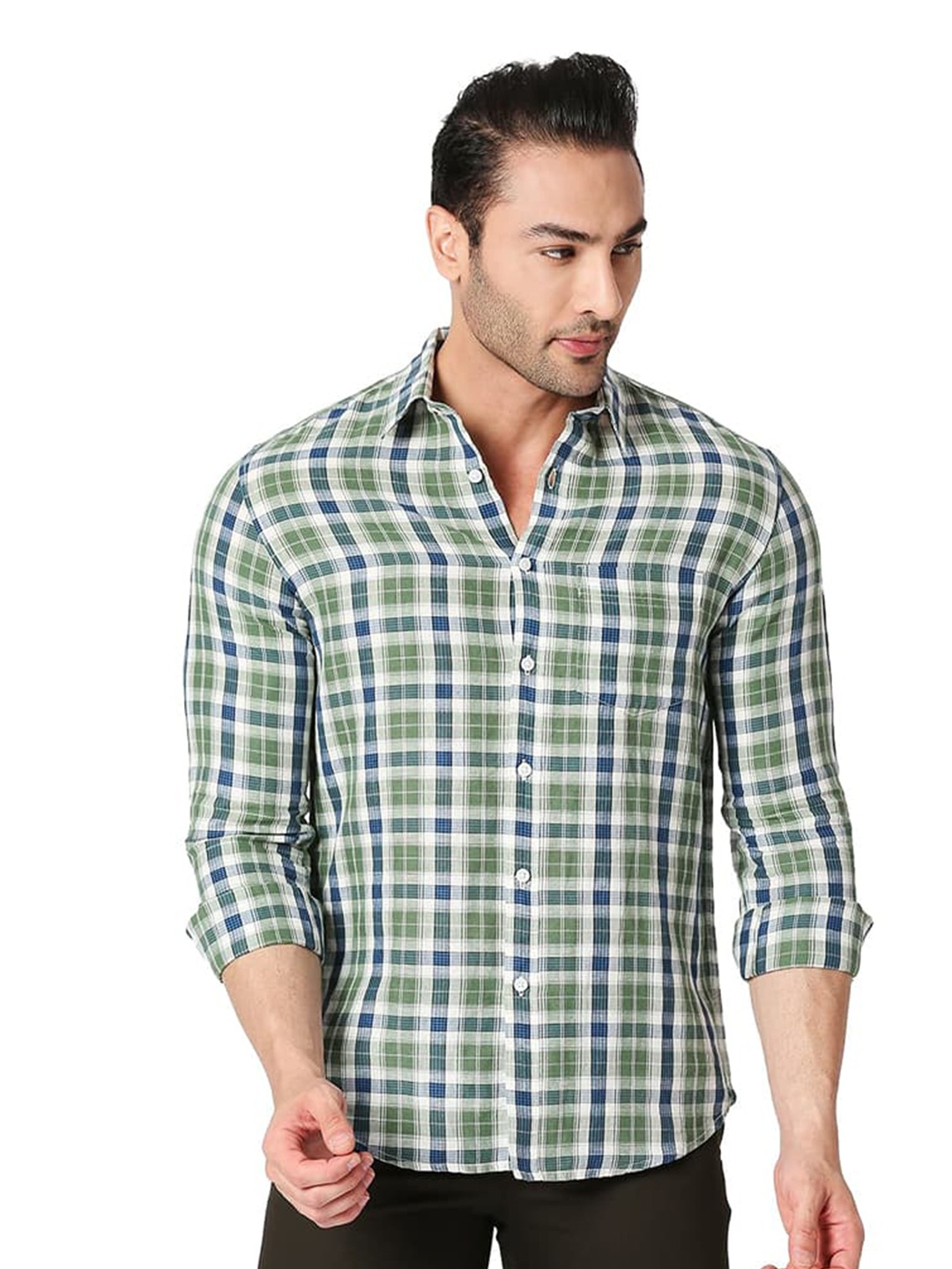 

Basics Slim Fit Checked Spread Collar Long Sleeves Cotton Casual Shirt, Green