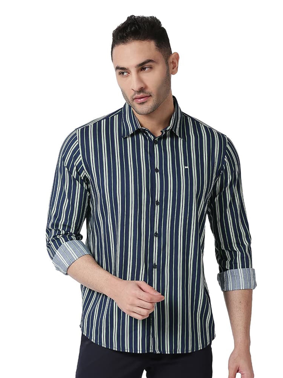 

Basics Slim Fit Striped Spread Collar Cotton Casual Shirt, Green