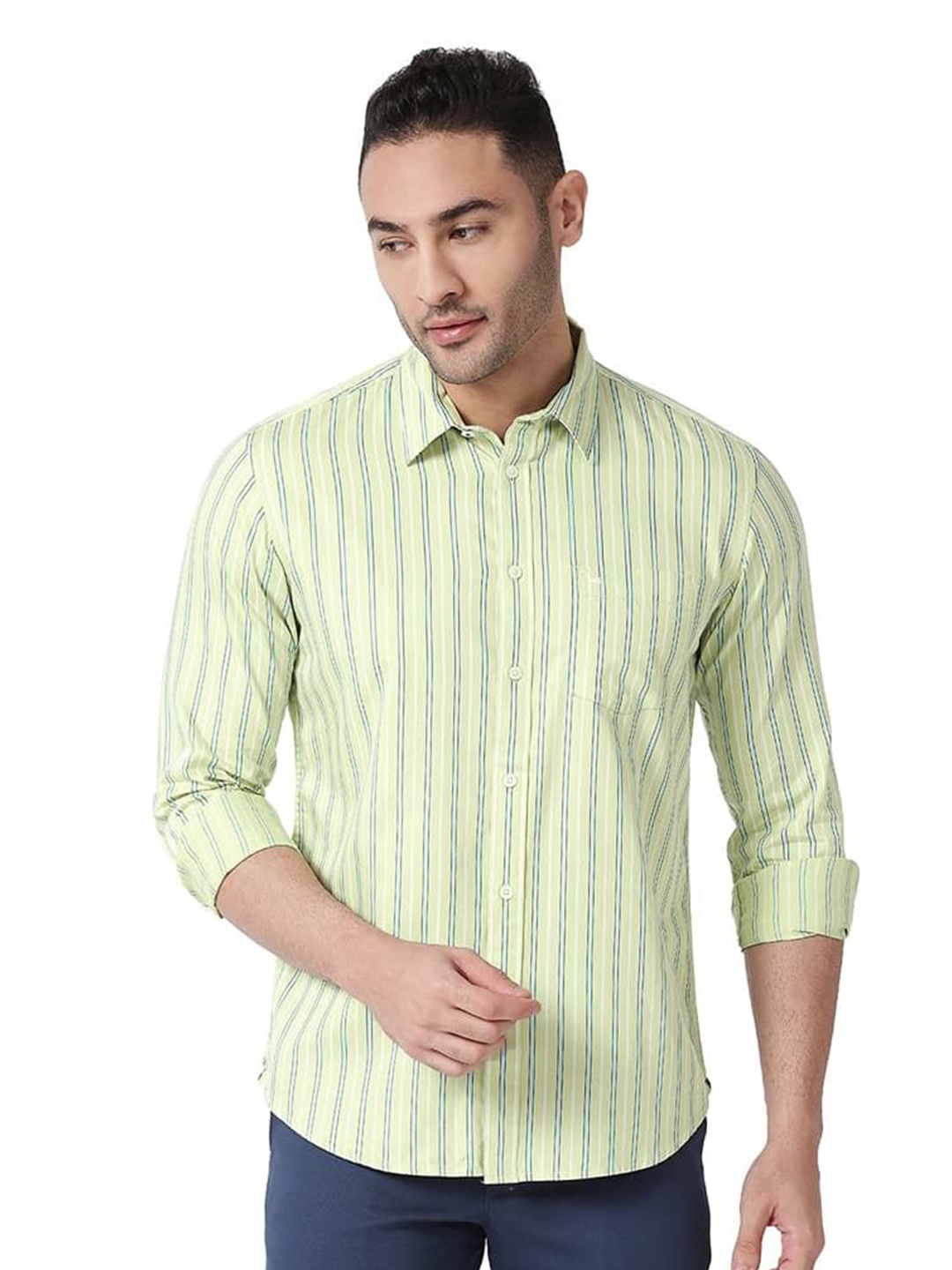 

Basics Slim Fit Striped Spread Collar Long Sleeves Cotton Casual Shirt, Green