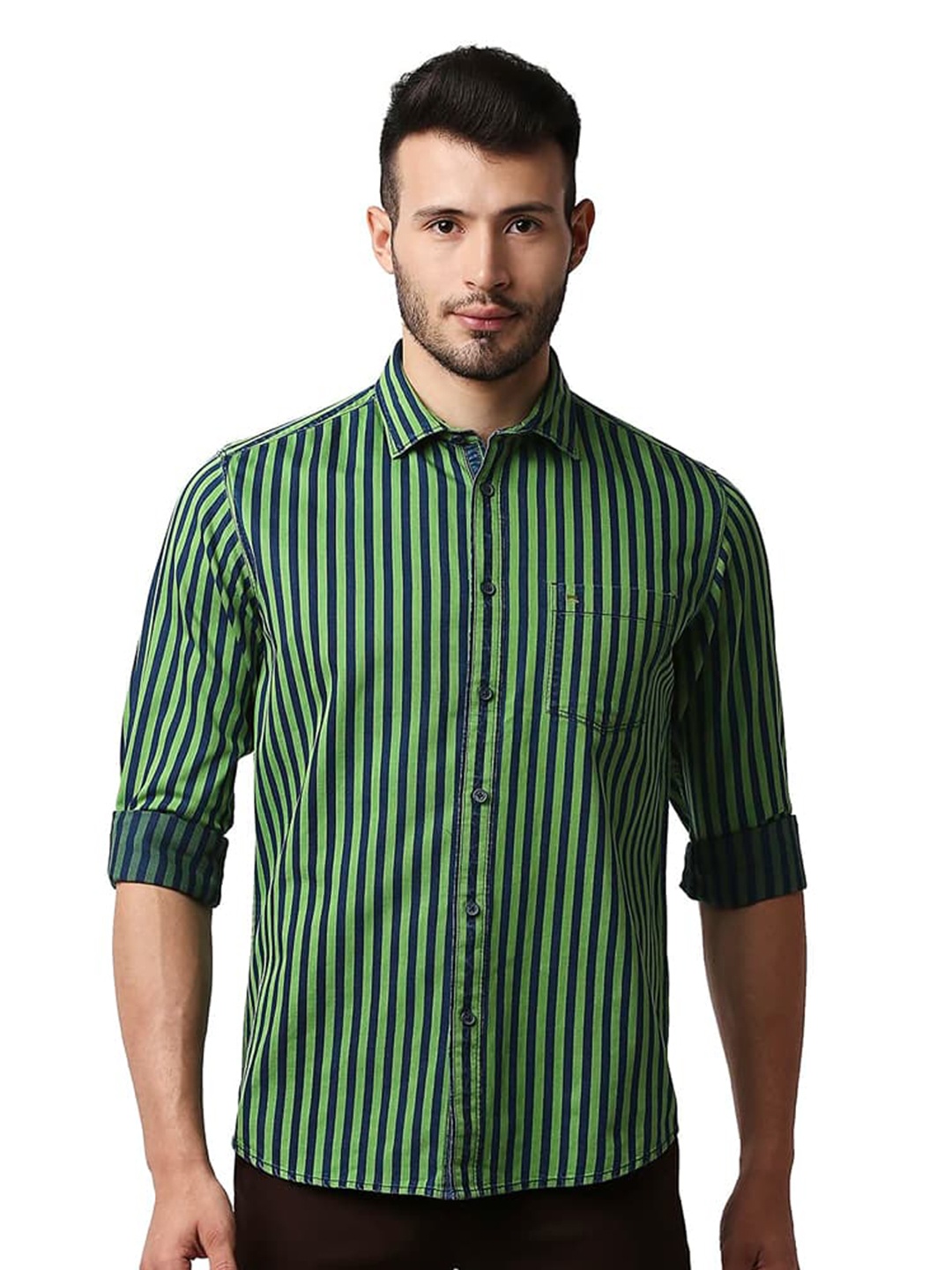 

Basics Slim Fit Striped Cotton Casual Shirt, Green