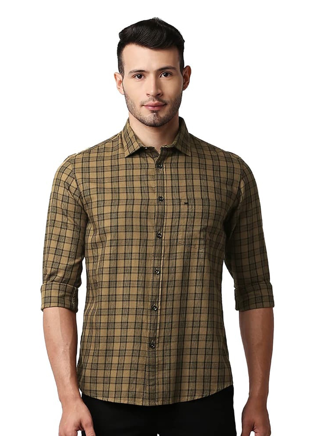 

Basics Spread Collar Slim Fit Checked Cotton Casual Shirt, Green