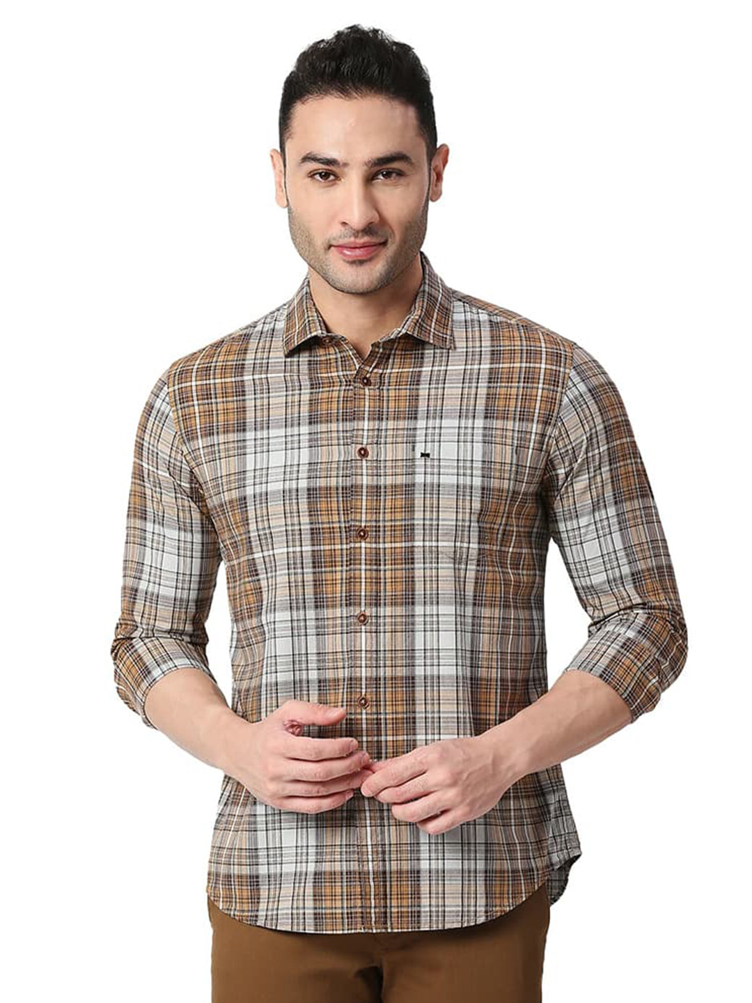 

Basics Slim Fit Tartan Checked Cotton Casual Shirt, Green