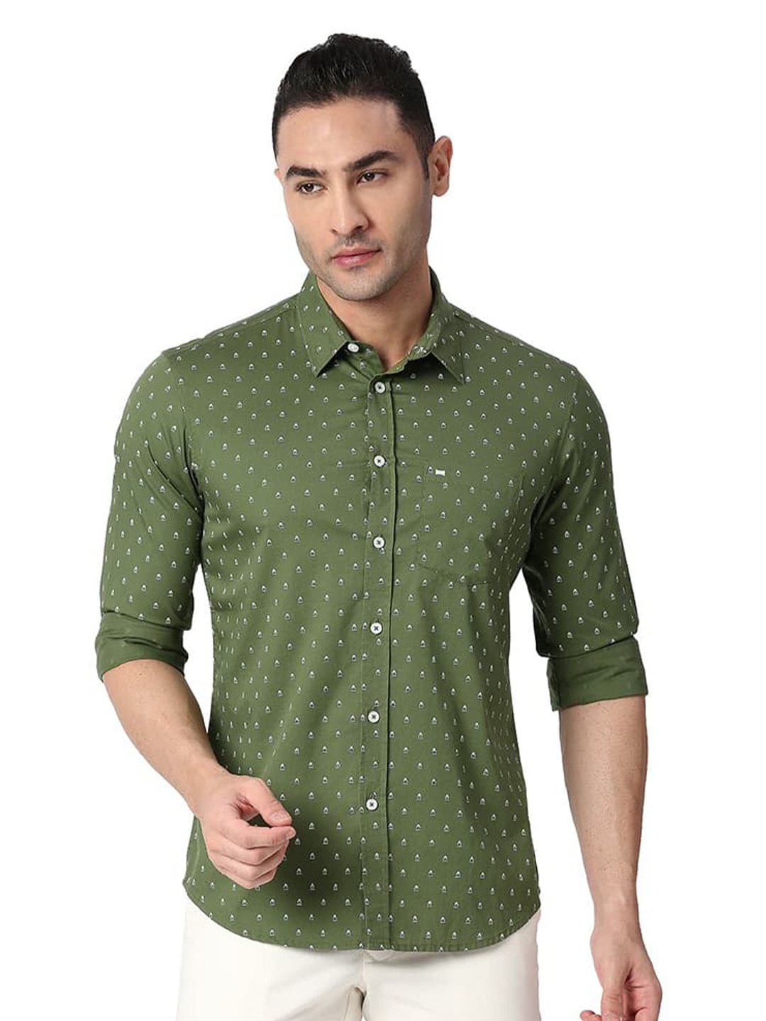 

Basics Micro Ditsy Printed Spread Collar Curved Cotton Slim Fit Casual Shirt, Green