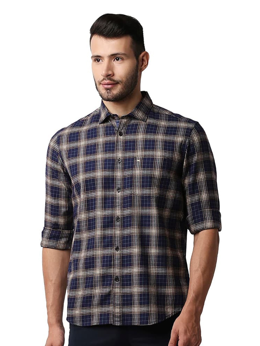 

Basics Slim Fit Checked Spread Collar Cotton Casual Shirt, Blue