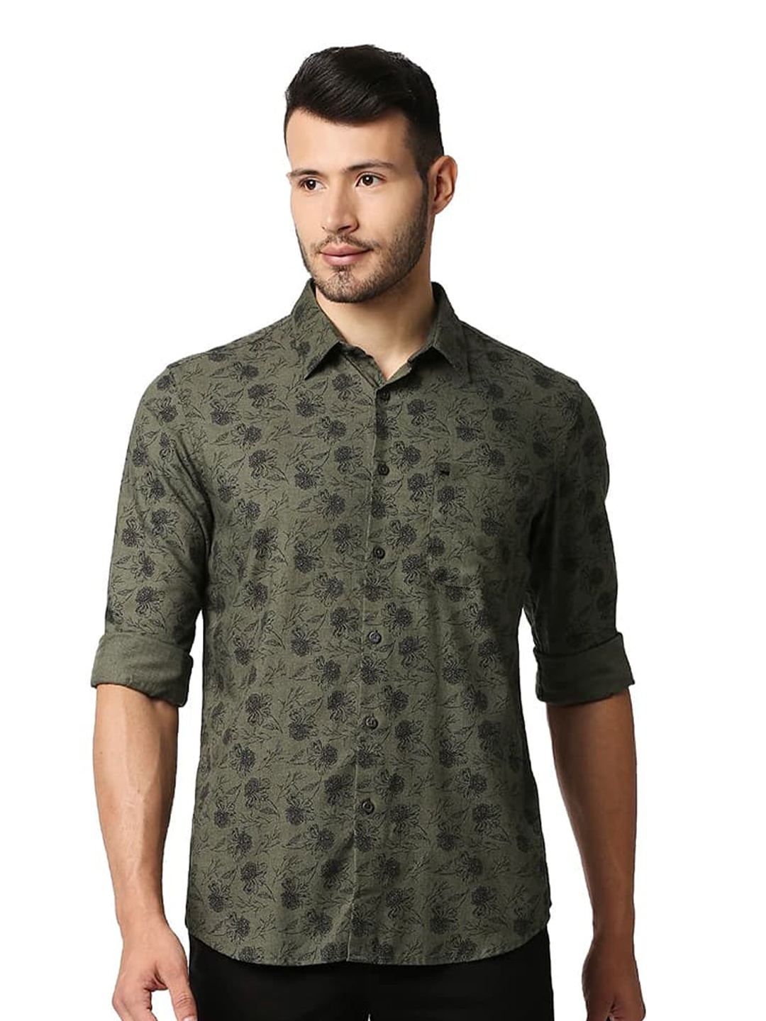 

Basics Slim Fit Floral Printed Cotton Casual Shirt, Green