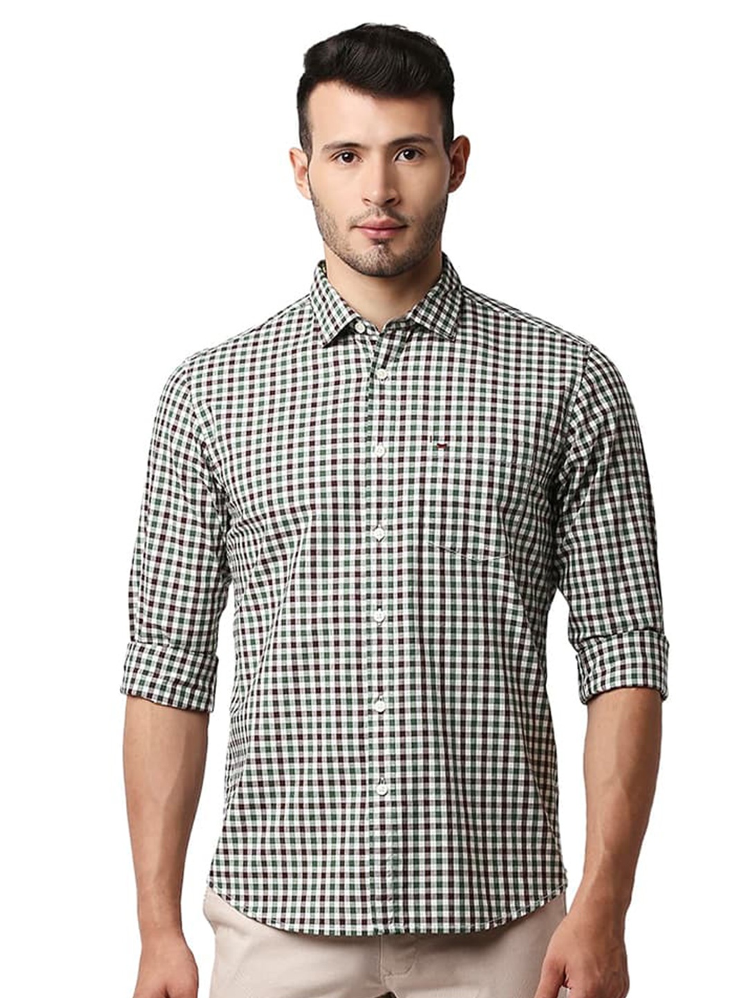 

Basics Slim Fit Gingham Checked Cotton Casual Shirt, Green