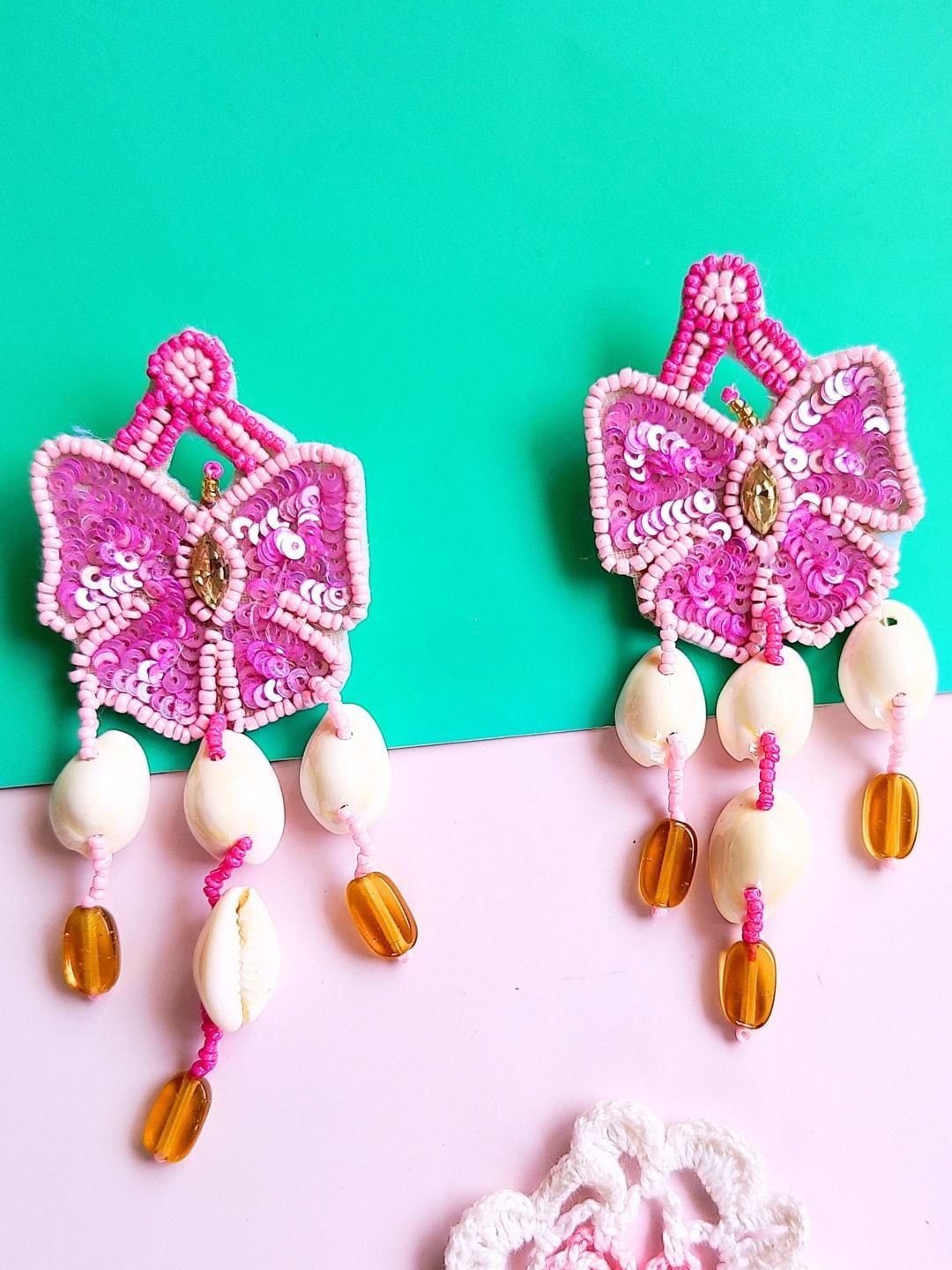 

Sangria Beaded Bohemian Butterfly Drop Earrings, Pink