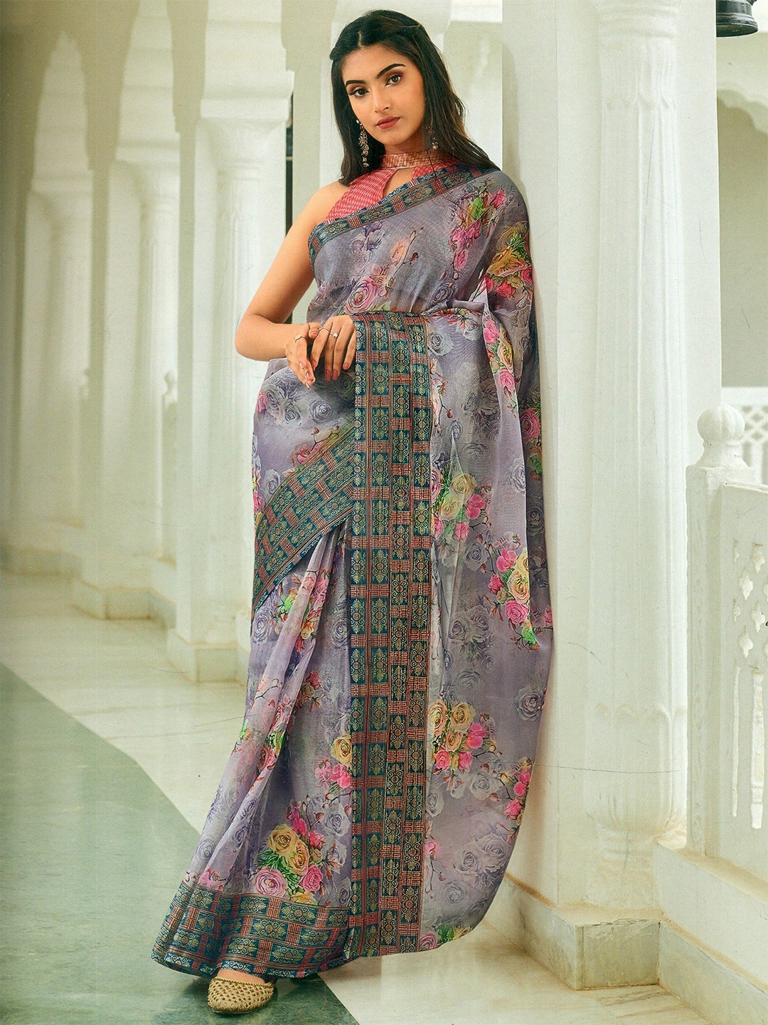 Exotic India Floral Organza Saree, Purple