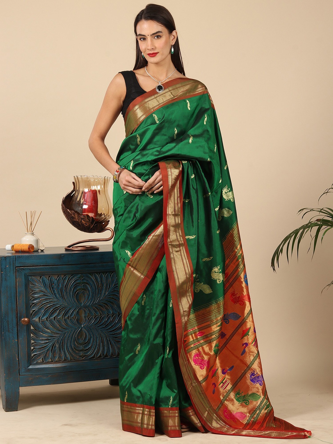 

Exotic India Woven Design Zari Pure Silk Saree, Green